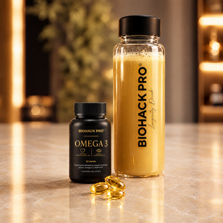 Omega-3 BIOHACK PRO, 60 perlas, junto a la botella