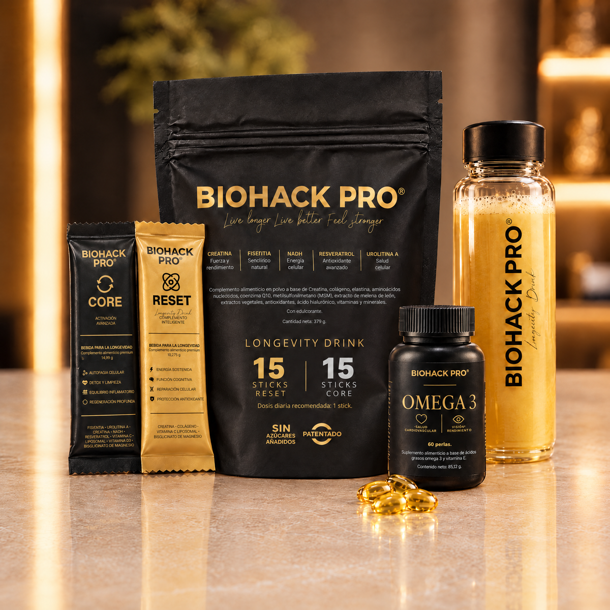 BIOHACK PRO Longevity Drink: doypack con 15 sticks CORE y 15 RESET, Omega-3, sticks y botella preparada