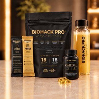 BIOHACK PRO Longevity Drink: doypack con 15 sticks CORE y 15 RESET, Omega-3, sticks y botella preparada