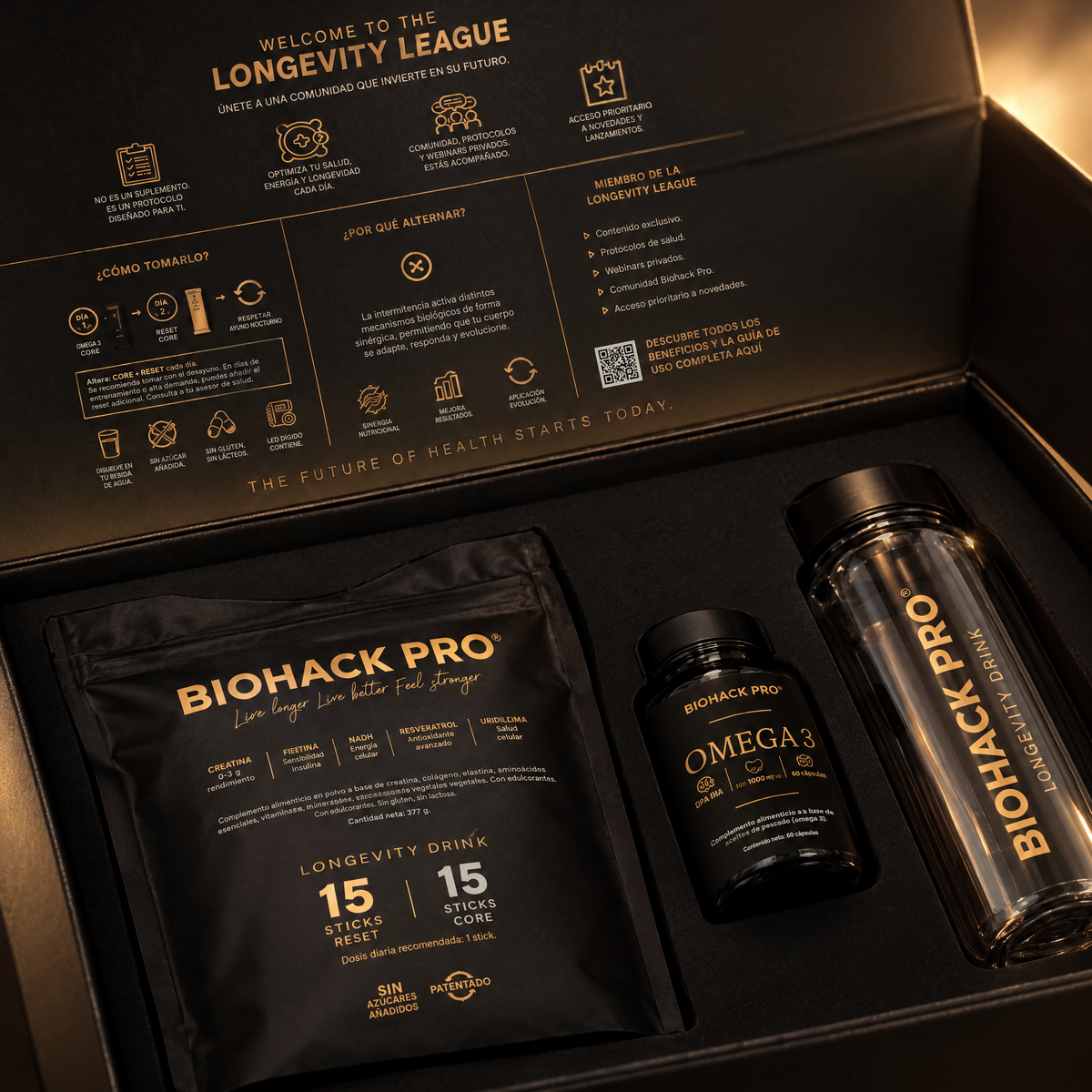 Interior del Welcome Pack BIOHACK PRO nueva fórmula