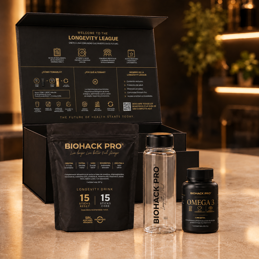 Pack de bienvenida BioHack Pro: caja, sobres, botella y Omega-3